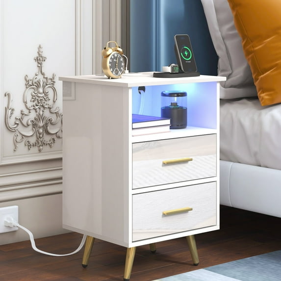 White LED Nightstand with Charging Station, Modern High Gloss Side Table with 2 Drawers and Adjustable Color Lights, High Gloss End Table for Bedroom Living Room
