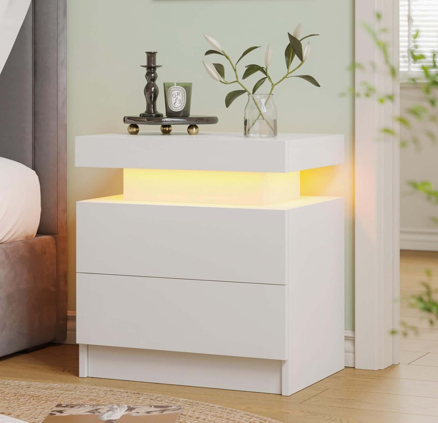 White LED Nightstand Modern Night Stand for Bedroom Bedside Table with ...