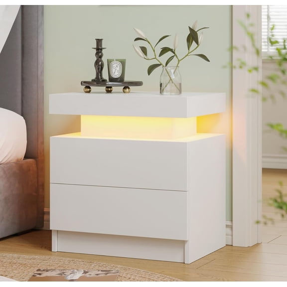 White LED Nightstand Modern Night Stand for Bedroom Bedside Table with 2 Wood Drawers End Side Table