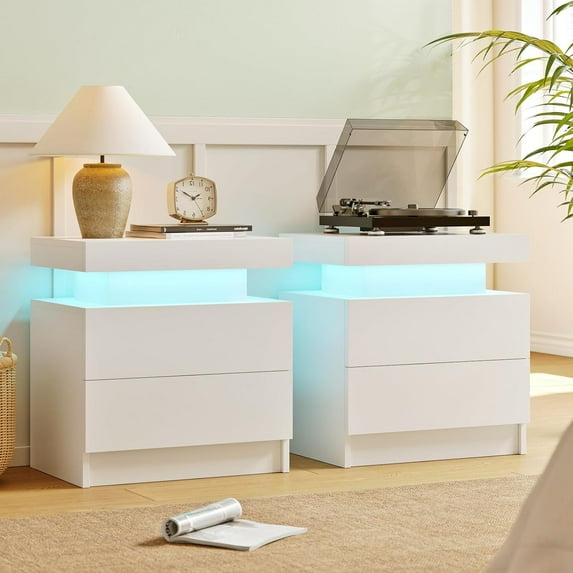 White LED Nightstand Set of 2,Modern Night Stand Set 2,Multi-Color LED Light Strip,Slient Slide Drawer,Large Capacity Storage,Small Space Solution,Bedside Table for Bedroom,White