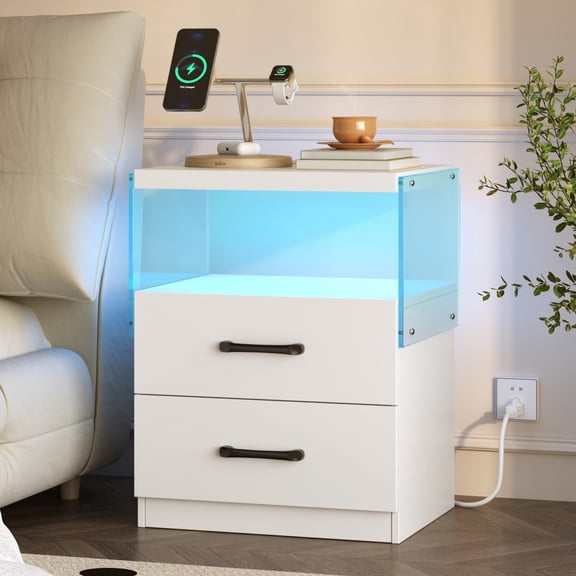 White LED Nightstand with Charging Station and Acrylic Board, 2 Drawer Night Stand with LED Lights for Bedroom, Modern Bedside Table for Living Room