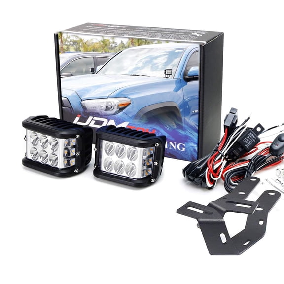 White LED A Pillar Driving Lights w/Amber Strobe Feature For 2016-2023 Toyota Tacoma, Incl (2) Side-Shooter LED Pods, Windshield A-Pillar Mounting Brackets & On/Off Switch Wiring