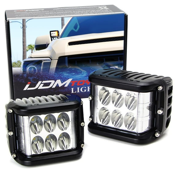 White LED Pod Lamps w/Amber Side Strobe Lights For Jeep Truck SUV Off-Road ATV 4x4 etc. Powered by (6) 6000K White XB-D LED Diodes & (6) 2500K Yellow LED Strobe Flashers