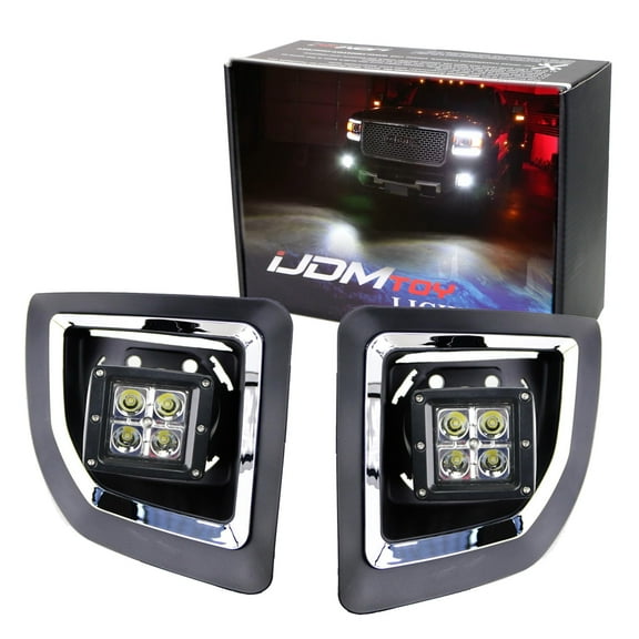 White LED Pod Light Fog Lamps For 2015-19 GMC Sierra 2500 3500 HD, Includes 20W High Power LED Cubes, Foglight Bezel Covers, Fog Location Mounting Brackets & Switch Wiring