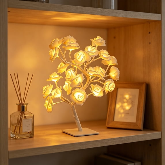 White LED Rose Tree Lamp, USB Night Light, Artificial Flower Table Decor for Bedroom Living Room, Elegant Birthday Gift, Minimalist Desk Lamp