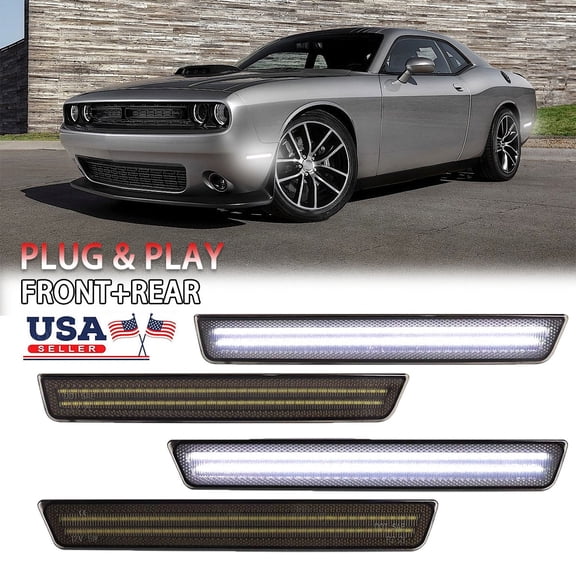 White LED Side Marker Lights Compatible With Dodge Challenger 2015-2023, Front & Rear Bumper Marker Lamps, Corner Parking Lamp & Smoked Len, 4PCS