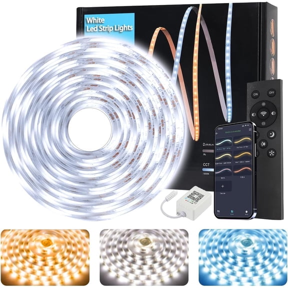 White LED Strip Lights 32.8ft (1200 LEDs) Super Bright 25000K Daylight White, 3Color Temperature Dimmable with Smart App & Remote Control for Bedroom Kitchen Commercial Home Lighting Decor