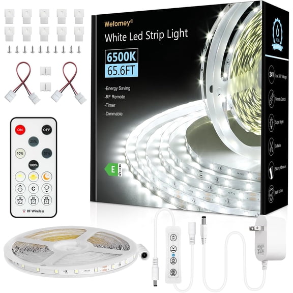 White LED Strip Lights, 65.6ft Dimmable 24V LED Lights Strip 6500K Bright Daylight White, 960 LEDs LED Flexible Tape Lights for Bedrooms, Mirror, Kitchen, Cabinet, Christmas Decor