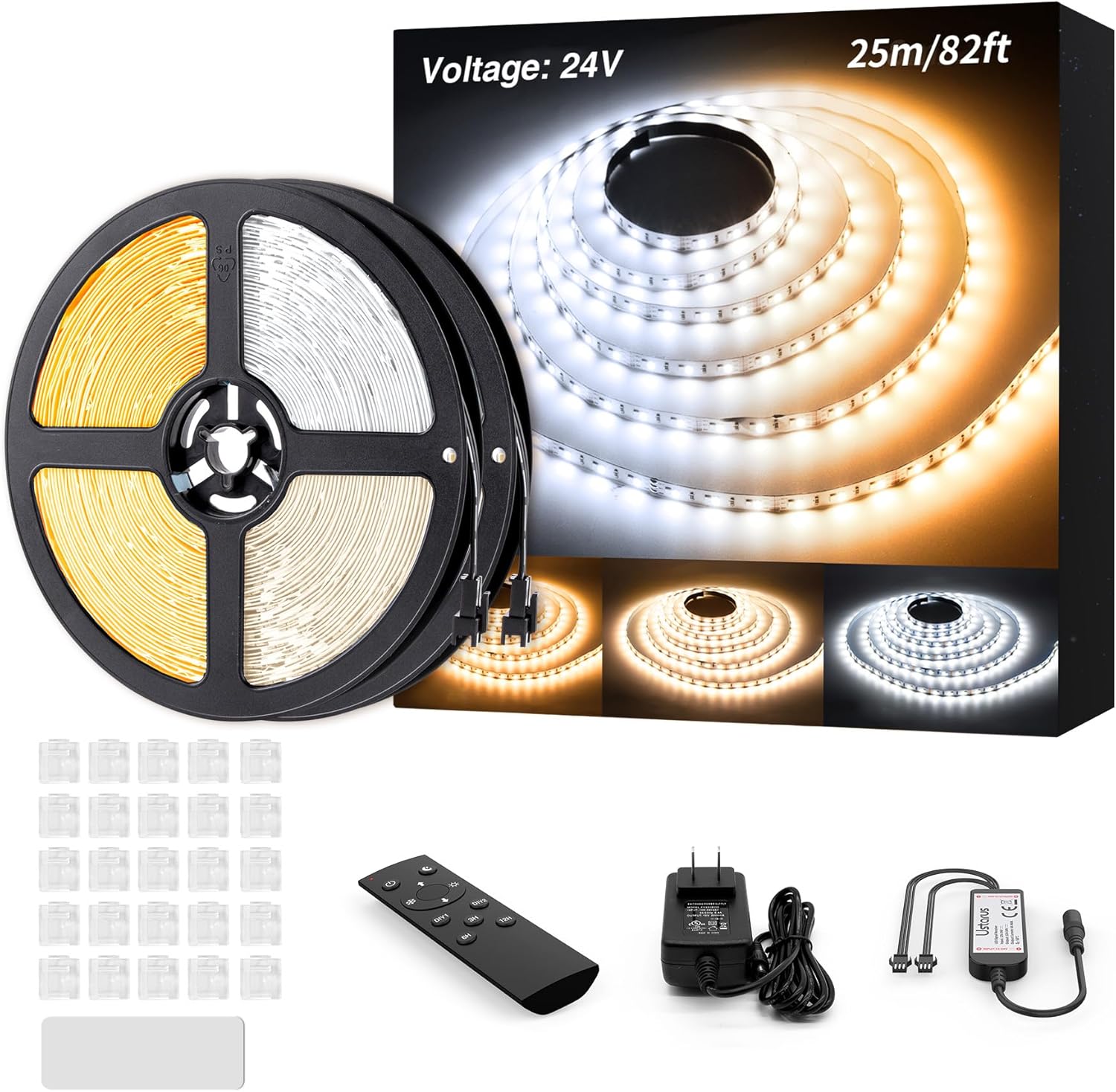 White LED Strip Lights 82ft 24V Dimmable 3000K6000K LED Tape Rope