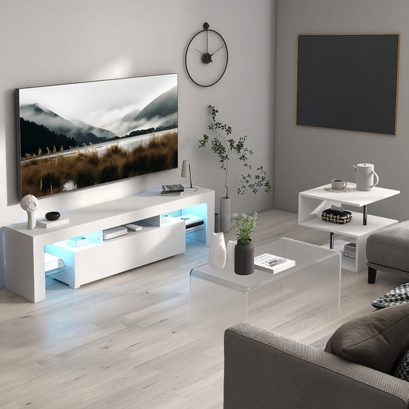 White LED TV Stand for 55-Inch Televisions | 16 Colors and 4 Modes in Bedroom | Particle Board and Glass Partition | Two-Person Assembly for Gaming Gear