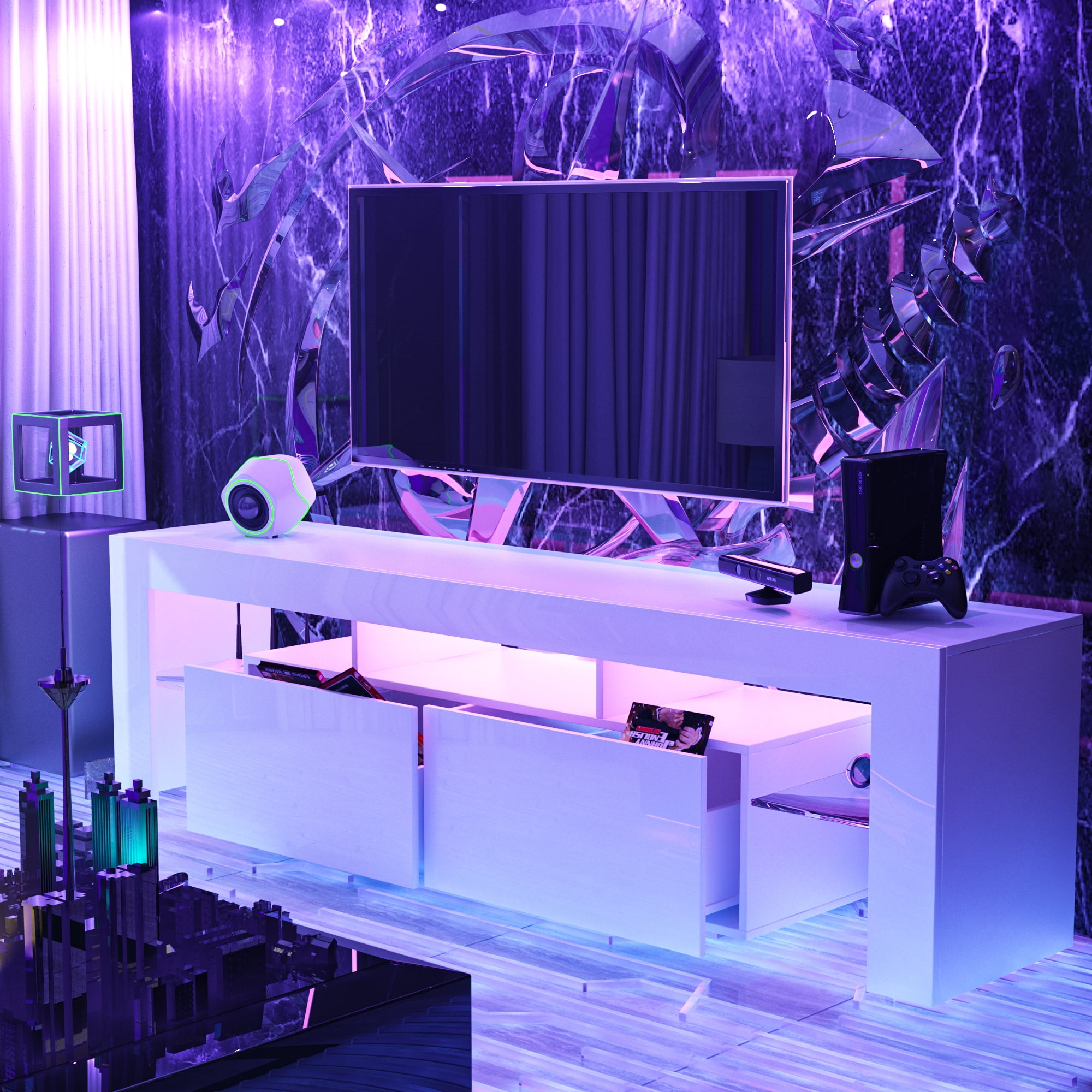 White LED TV Stand, High Glossy Front Entertainment Center, Modern TV