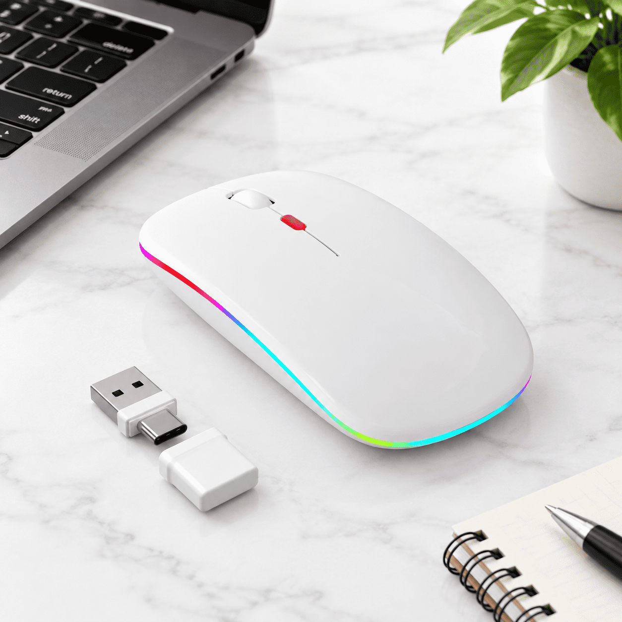 White LED Wireless Mouse, Rechargeable Silent 4-Mode for Laptop, Tablet ...
