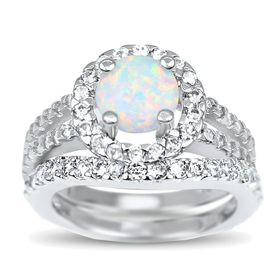 White Lab Opal Simulated Diamond CZ Wedding Engagement Ring Set Solitaire Silver Bridal Set for Women Size 6