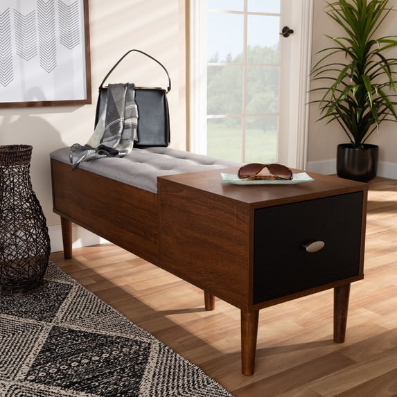 White Label Maat Entryway Storage Bench with Cushion and Drawer, Oak/Espresso