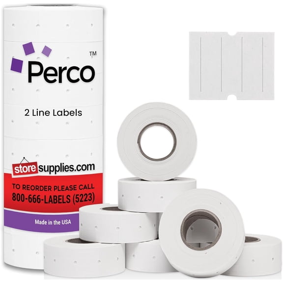 Perco 2 Line White Labels - 6,000 Blank Price and Date Gun Labels for Perco 2 Line Price and Date Guns - 8 Rolls, 1 Sleeve - Made in USA