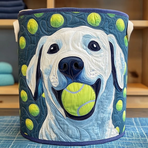 White Labrador Joy Quilted Laundry Basket, with Handles, Foldable Clothes Hamper for Bedroom Storage