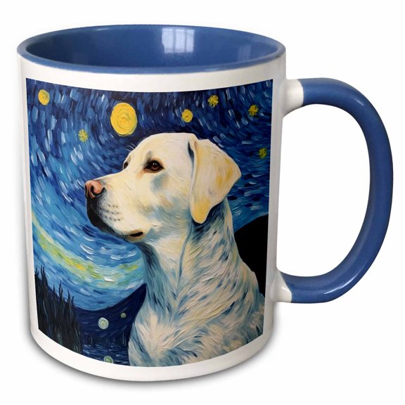 3drose, White Labrador Portrait in Post-impressionism Style, 11oz Two-tone Blue Mug