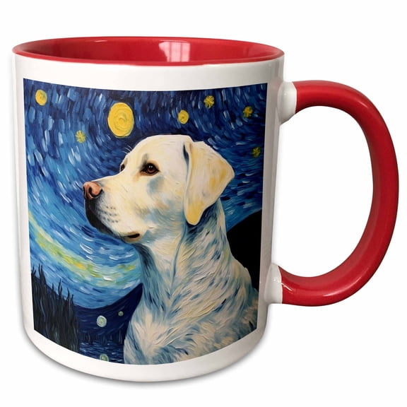 3drose, White Labrador Portrait in Post-impressionism Style, 11oz Two-tone Red Mug