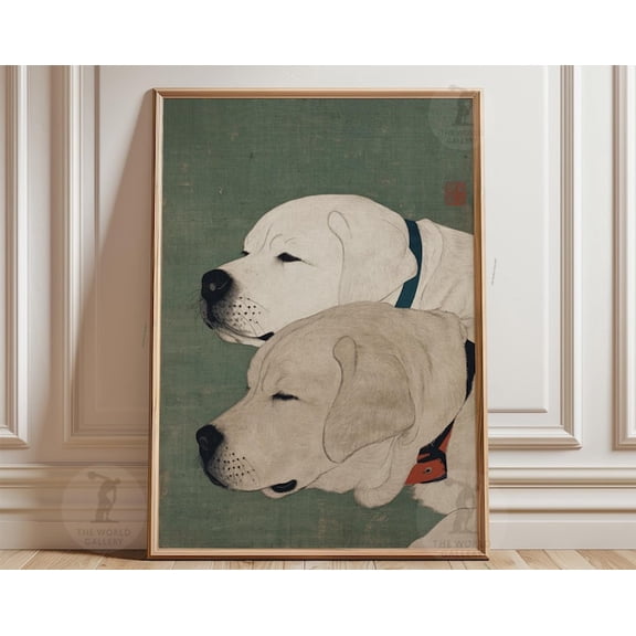 White Labrador Retriever Dog Japanese Woodblock Sage Green Wall Art, Unframed Paper Poster 16x20in