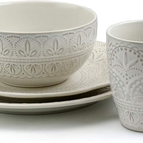 White Lace 16 Piece Round Scallop Stoneware Dinnerware Set in White