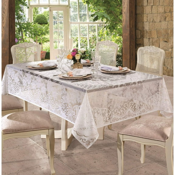 White Lace 62" Round  or 61"x98" Rectangle Rosas Tablecloth Size for about 4-6 people