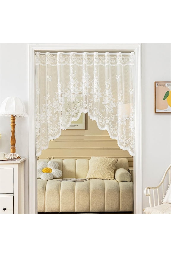 White Lace Arched Sheer Curtain Floral Embroidered Swag Curtain Valance Tier for Doorway Kitchen Bathroom Window, Rod Pocket Top 1 Panel (White,W63 x L39 inch)