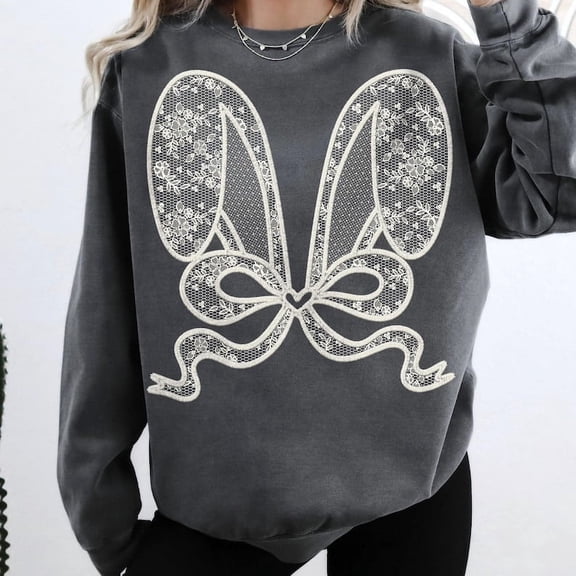 White Lace Bunny Coquette Sweatshirt, Faux Embroidery Easter Bunny Crewneck, Cute Spring Girly Pullover