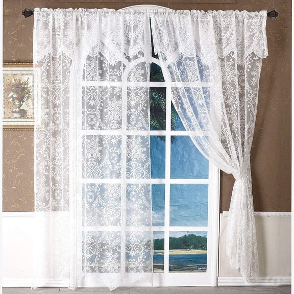 White Lace Curtains with Attached Valances 2 Panels 63 Inch Length, Floral Embroidered Semi Sheer Small Drapes Rod Pocket Decorative Victorian Window Treatments for Kids Bedroom Kitchen