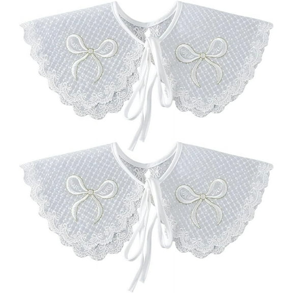 White Lace Detachable Collar Organza Shawl Elegant Embroidered Neckline Laces Trim Flower Applique Fabric Embroidery Mini Cape for Sewing Making Bowknot Clothes Garment Accessory Diy Craft