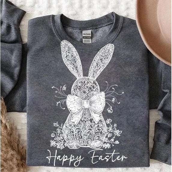 White Lace Easter Bunny Sweater, Coquette Bow Spring Bunny Faux Embroidery Easter Sweatshirt