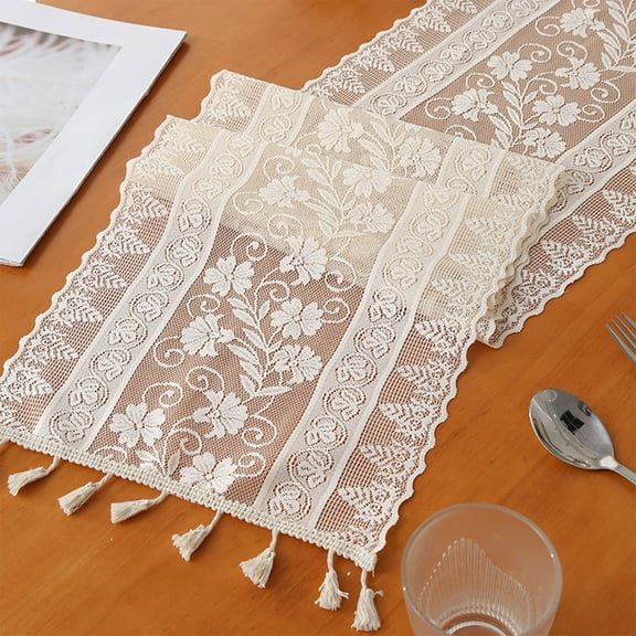 White Lace Embroidered Table Runner | Floral Wildflower Motif | Durable Polyester | Size 11.8 x 70.8 in | Lightweight Machine Washable | One Piece | Fade Resistant