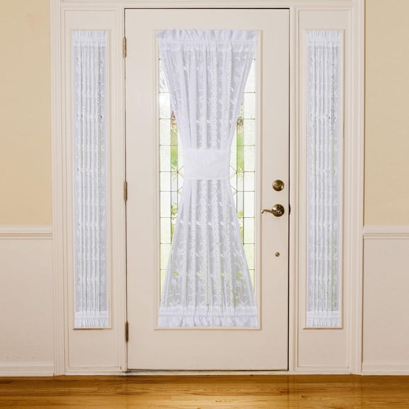 White Lace French Door Curtain Leaves Knitted Textured Voile Curtains Light Filtering Floral Sidelight Curtain Panel with Tie-backs