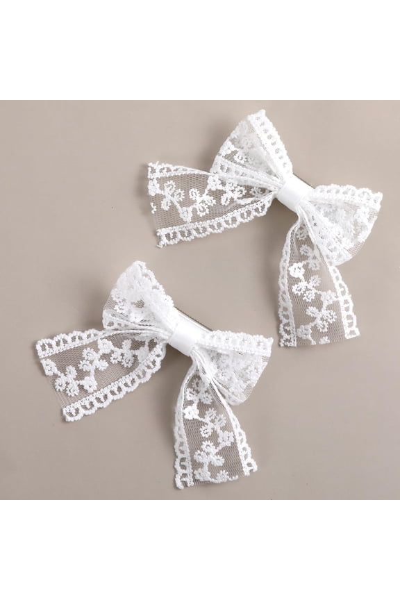 White Lace Hair Bow Clips 2 Pcs 3 Inch Long Tail Ribbon Alligator Barrettes Handmade Women