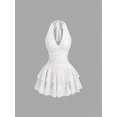 thumbnail image 1 of White Lace Halter Neck Ruched Peplum Mini Dress For Women, 1 of 5