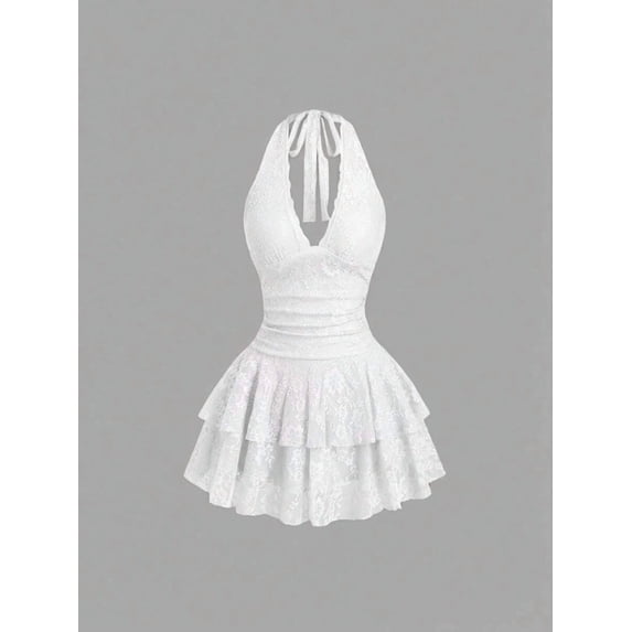 White Lace Halter Neck Ruched Peplum Mini Dress For Women