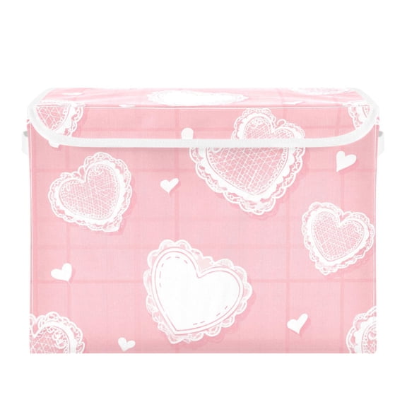 White Lace Hearts Valentine Foldable Storage Bins with Lids Handles Collapsible Storage Containers Tote Boxes 16.5 x 12.6 x 11.8 inches