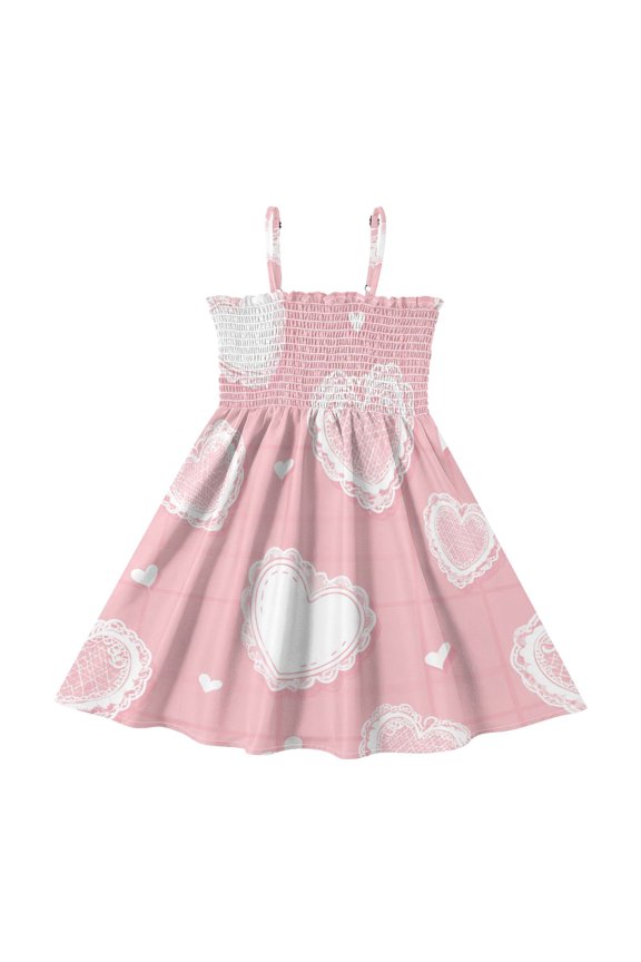 White Lace Hearts Valentine Girl's Adjustable Cami Dress Casual Sundress Smocked Ruffle A-Line 4T