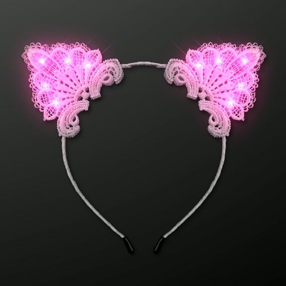 White Lace Kitty Cat Ears Headband with Pink LED Lights