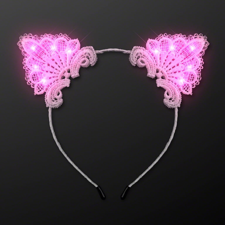 White Lace Kitty Cat Ears Headband with Pink LED Lights  display picture 1