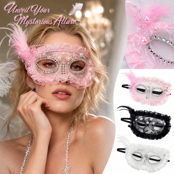 White Lace Mask for Women, Half Mask with Rhinestone Eye Mask and Feather Trim for Halloween, Masquerade Mask for Couples Mask As Masquerade Party Gift