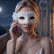 White Lace Masquerade Mask for Women 9 Inch Pearl Embellished Half Face Accessory for Masquerade Party Mardi Gras Prom and Halloween Events, 1 Pack
