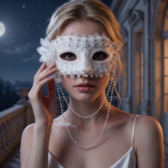 White Lace Masquerade Mask for Women 9 Inch Pearl Embellished Half Face Accessory for Masquerade Party Mardi Gras Prom and Halloween Events, 1 Pack