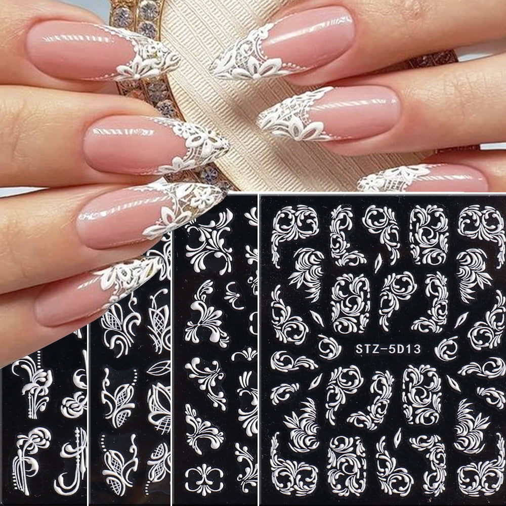 White Lace Nail Art Sticker Decals 5D Embossed French White Baroque Lace Pattern Self-Adhesive Nail Art Decoration Accessories Classic Winter Design, 4 Sheets