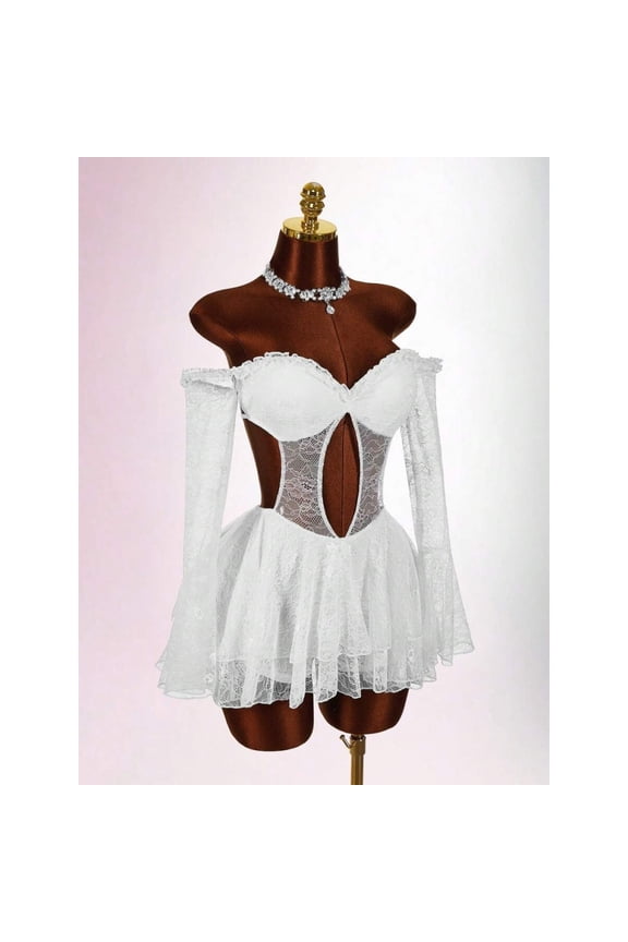 White Lace Off-Shoulder Sheer Long Sleeve Mini Dress With Keyhole Back And Ruffled Skirt