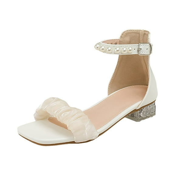 White Lace Pearl Dressy Sandals for Girls 2025 Wedding Party Square Toe Chunky Low Heels Dress Sandals