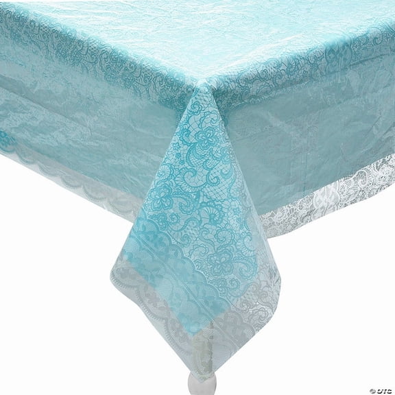 White Lace-Printed & Light Blue Rectangle Disposable Plastic Tablecloth Kit - 2 Pieces