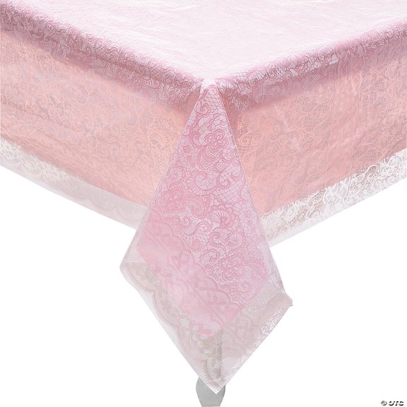 White Lace-Printed & Light Pink Rectangle Disposable Plastic Tablecloth Kit - 2 Pieces