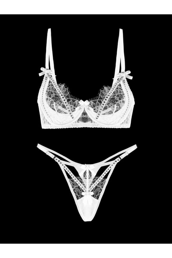 White Lace & Rhinestone Lingerie Set (WHITE, M)