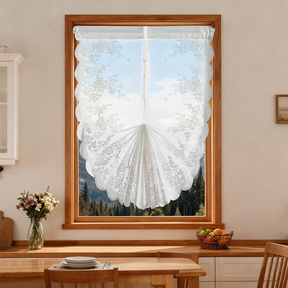 White Lace Semi Sheer Tie Up Curtains 39 inches Long 2 Panels Set,Embroidered Adjustable Balloon Roman Shades Rod Pocket Cafe Curtain for Bedroom Living Room Small Windows(White S,31.5 x 39.37 in)