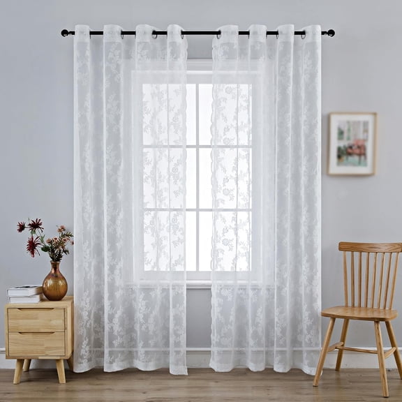 White Lace Sheer Curtain Panels for Living Room Elegant Window Treatment Sets Light Filtering Translucent Draperies Office (2 Panels,W55 x L63inch)
